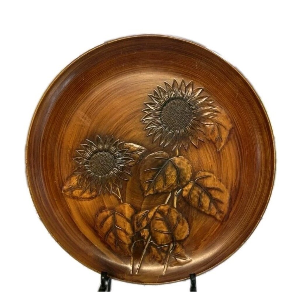 VTG MCM Otagiri Sunflower Round Serving Tray; Faux Wood Grain Lacquerware Japan